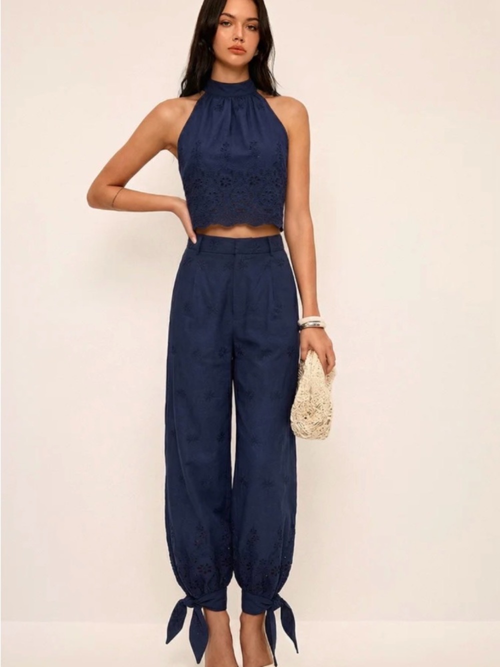 Commense Navy Eyelet Halter Crop Top with Wide-Leg Pants
